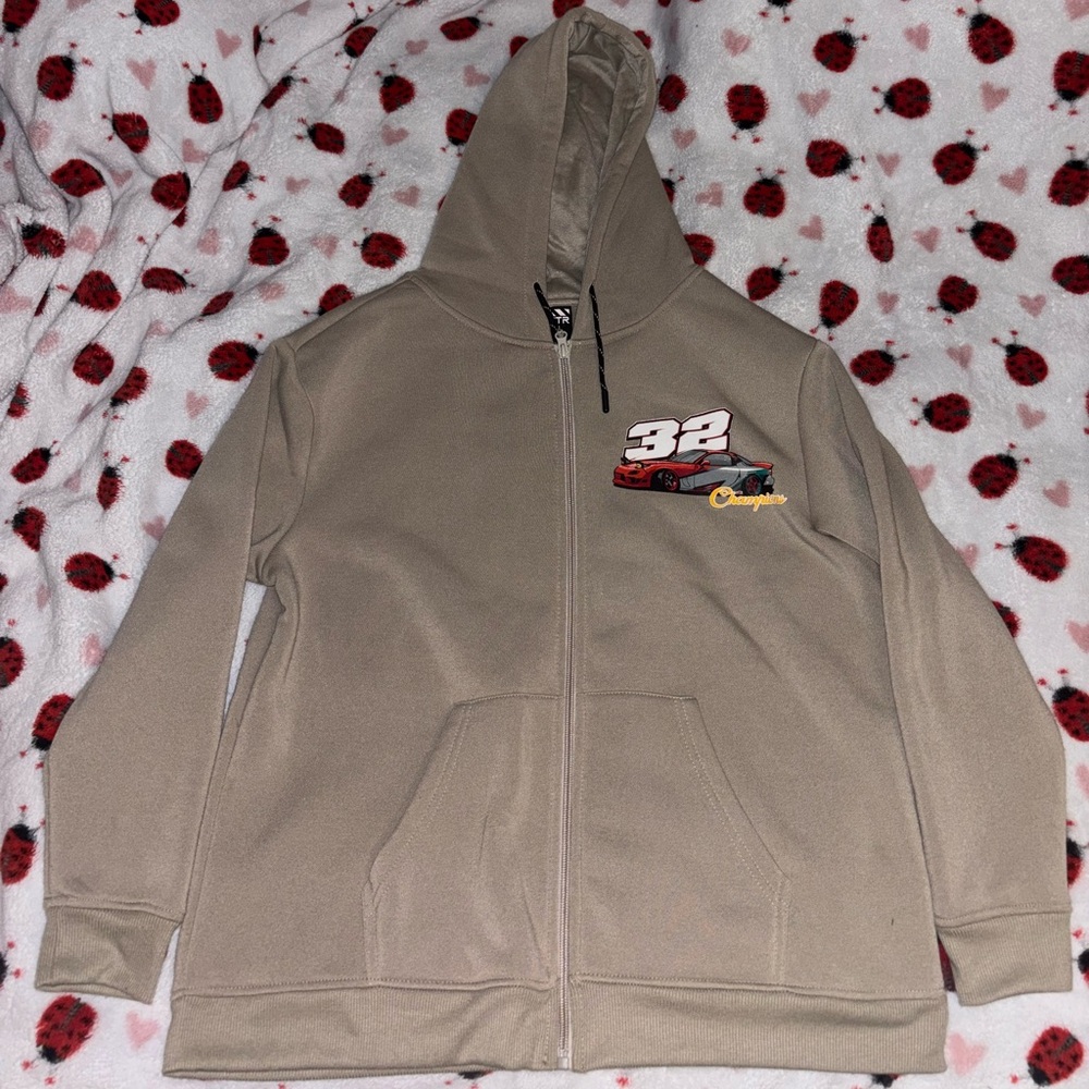 Tan Zip-Up Hoodie with Car Graphic